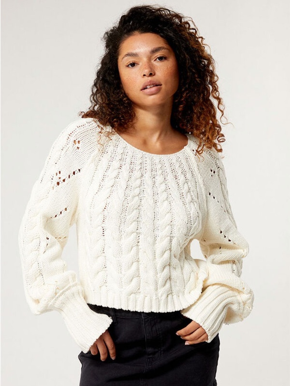 Free People Sandre Cream Cable Knit Long Sleeve Seeater Small Boho Cottagecore - Picture 2 of 9